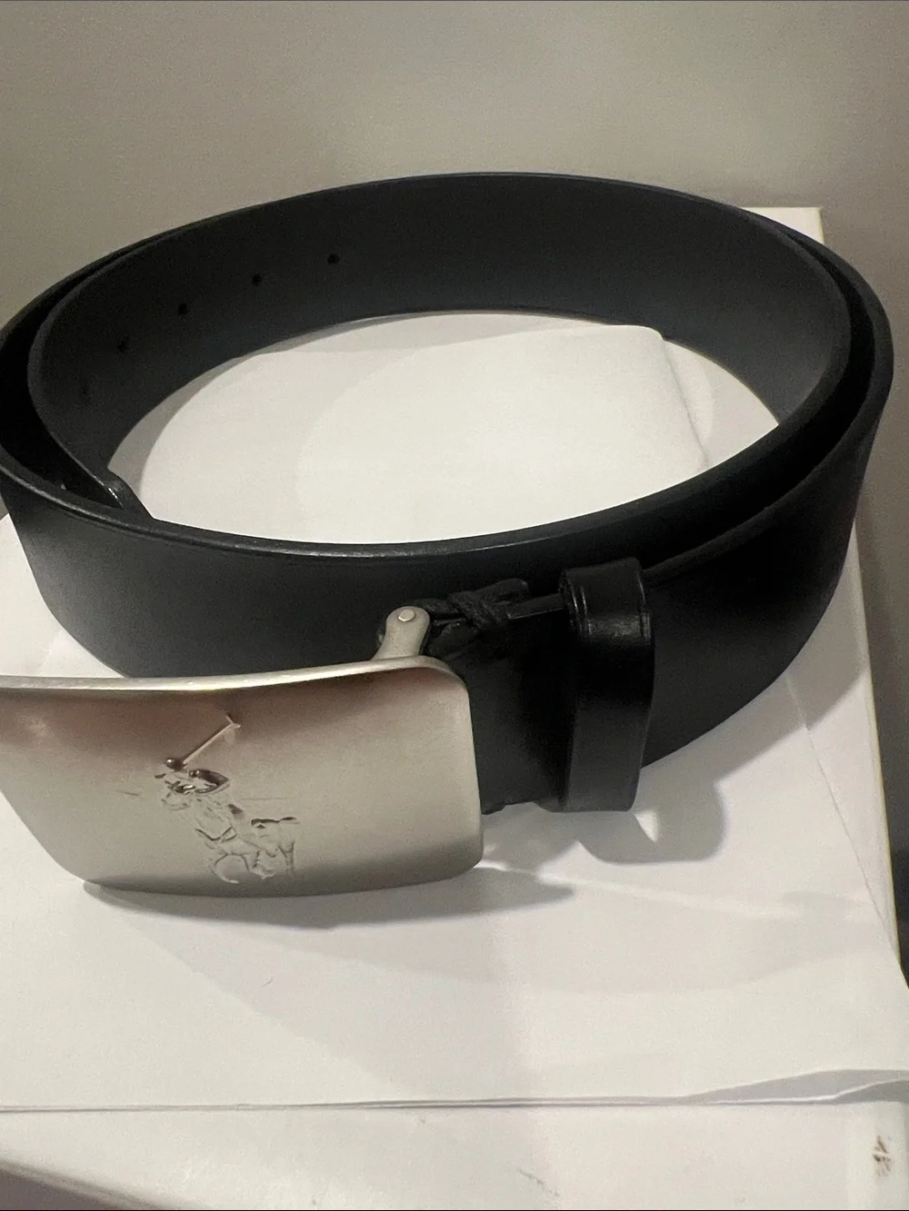 Polo by Ralph Lauren Black Leather Belt with Silver Polo Rider Buckle NWOT